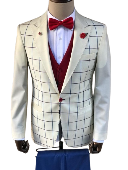Diecapri Prestige Cream Windowpane Blazer – Crimson Elegance Edition